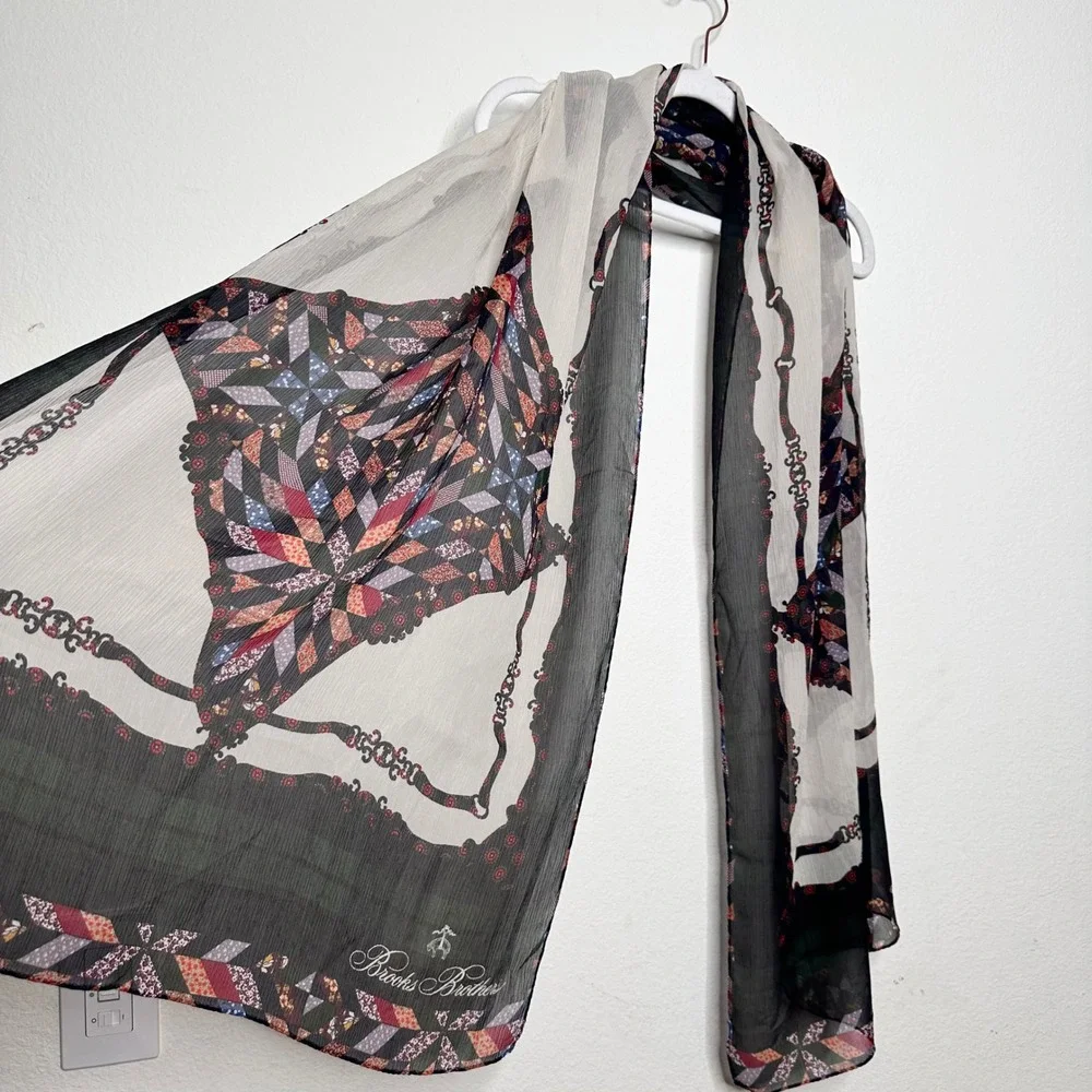 Brooks Brothers Patchwork Star Chain Link Silk Scarf Black Cream Sheer Wrap